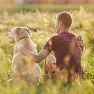 Mann und Hund Sonnenuntergang